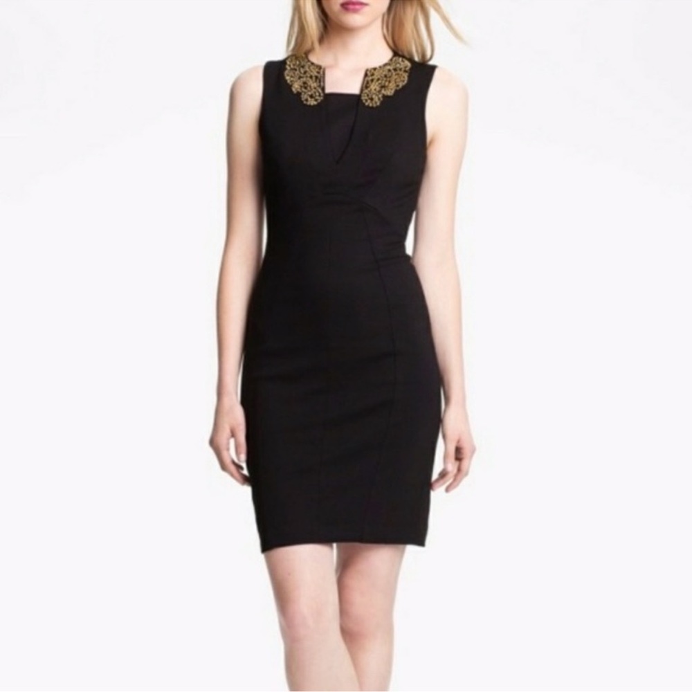 Ted Baker Edella Embellished Bronze Rhinestones Collar Black Sheath Dres…
